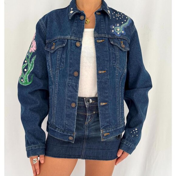 90s vintage blue denim embellished hand painted flowers jean jacket medium - Picture 1 of 9